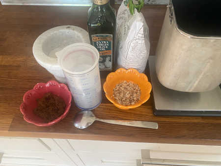 Simple bread-maker wholemeal ingredients laid out before mixing